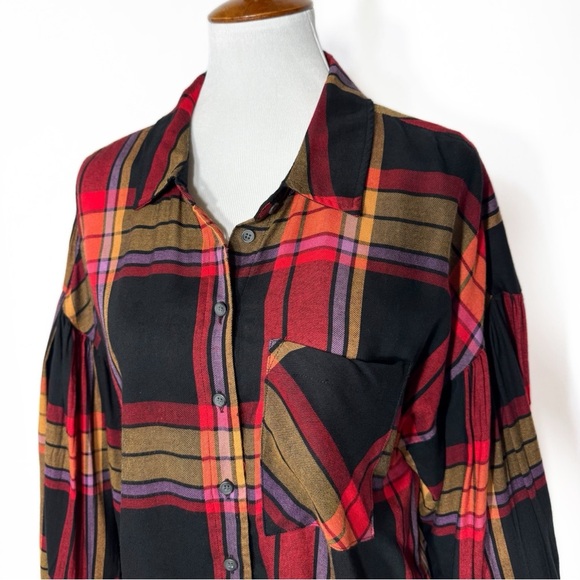 Sanctuary Colorful Plaid Red Black Puff Balloon Long Sleeve Buttondown Shirt L - Picture 2 of 11
